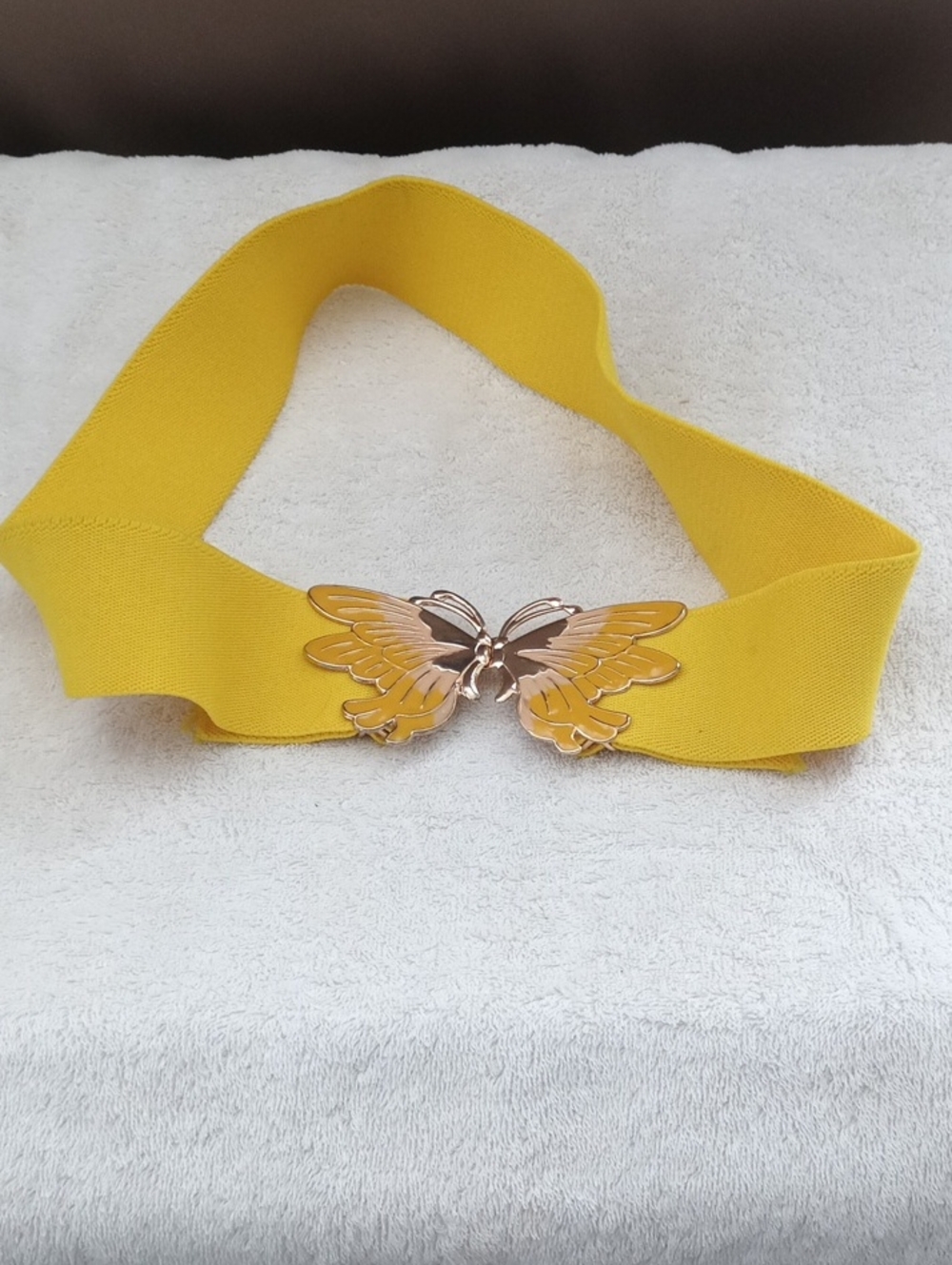 Yellow Elastic Waist Belt with Gold Butterfly Buckle